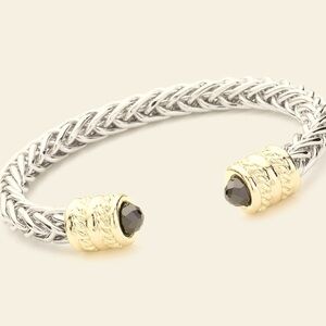 Braided Two Tone Chunky Cable Cuff Bracelet w/Black Cabochons